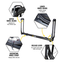 Saris MHS 3-Bike Package — ratcheting arm and wheel strap detail