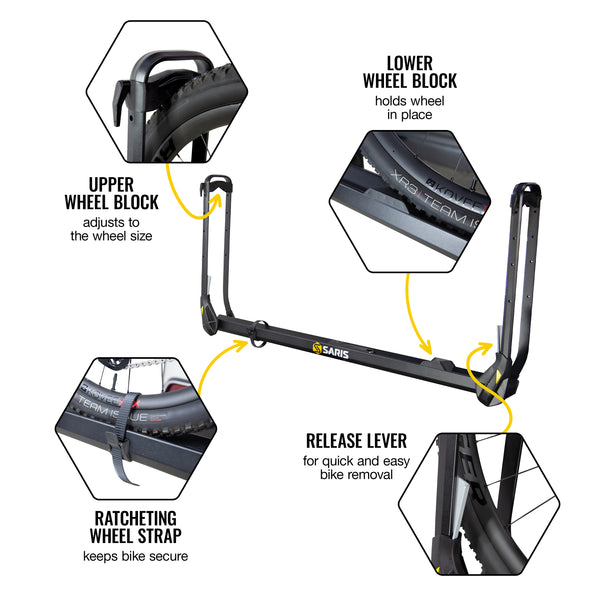 Saris MHS 3-Bike Package — ratcheting arm and wheel strap detail